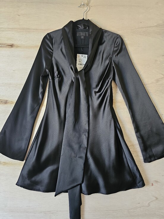 Zara Dresses & Skirts - ZARA Black Satin Tie Neck Mini Dress Long Bell Sleeve NWT Size S